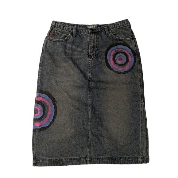 lady enyce Dresses & Skirts - Vintage 90s Lady Enyce Denim Midi Skirt Y2K Painted Graphic Streetwear Size 8